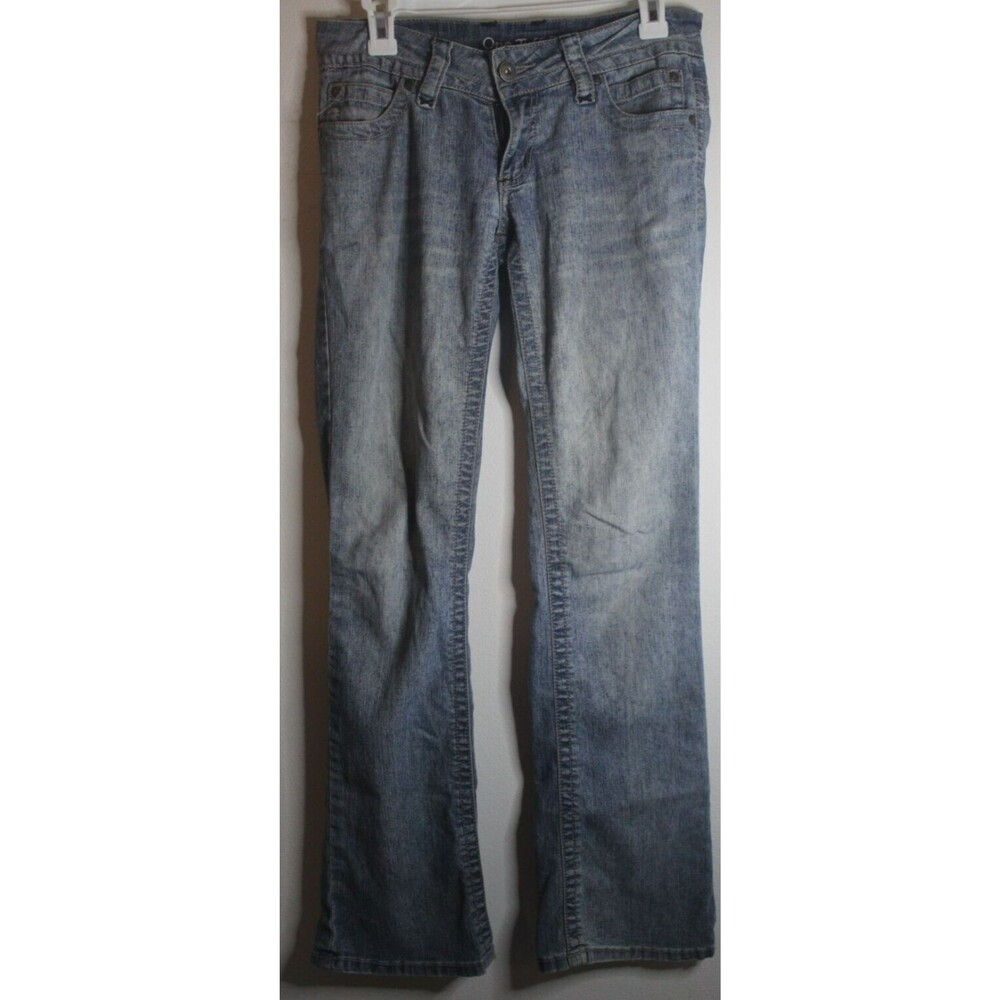 OTB One Tough Babe Flared Embellished Blue Jeans size 3/4 Distressed Denim